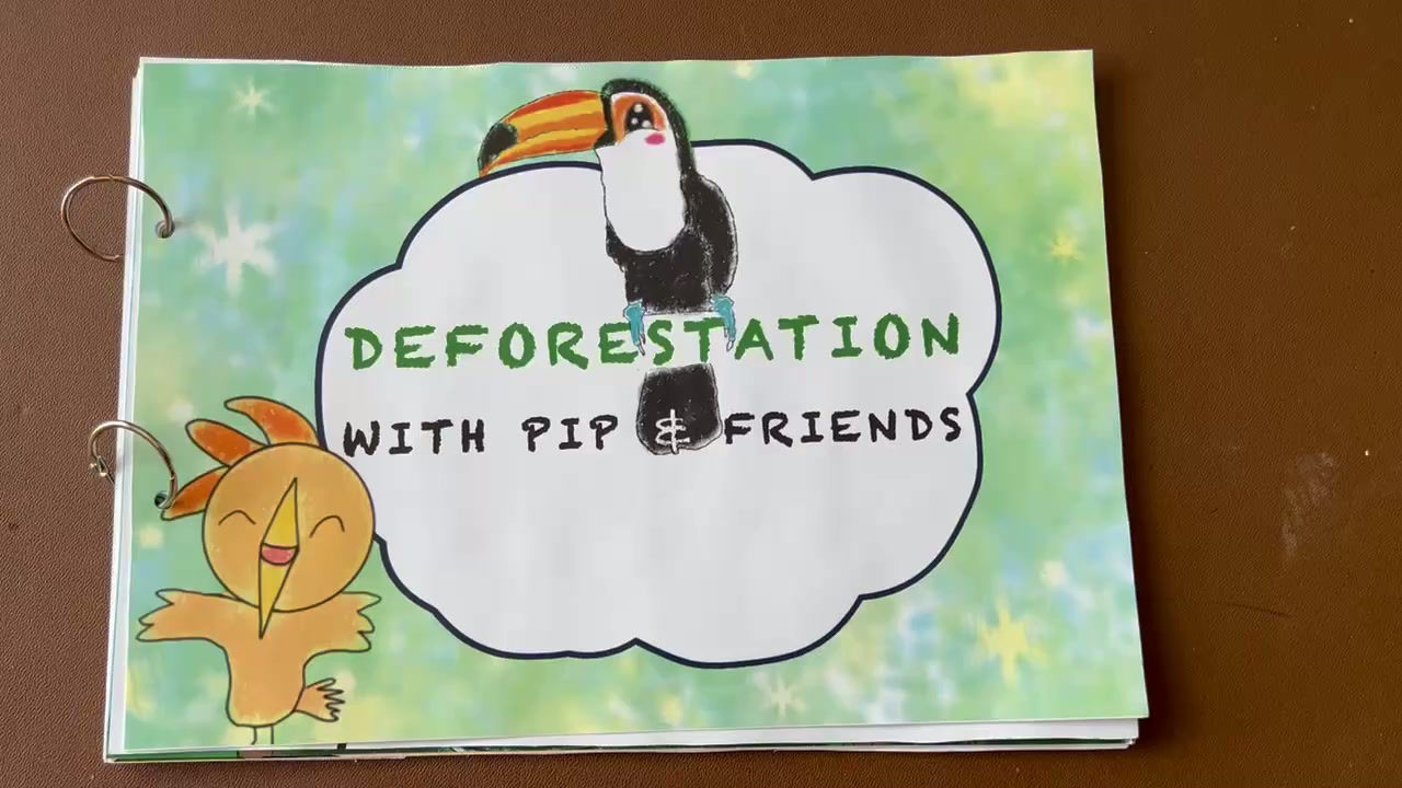 Handmade storybook page about deforestation with Pip and friends
